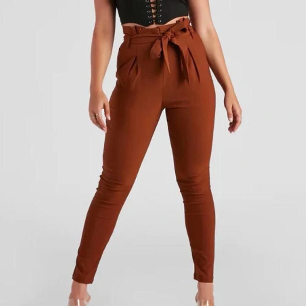 Windsor Pants Medium Brown Rust Skinny Ankle Paperbag Waist